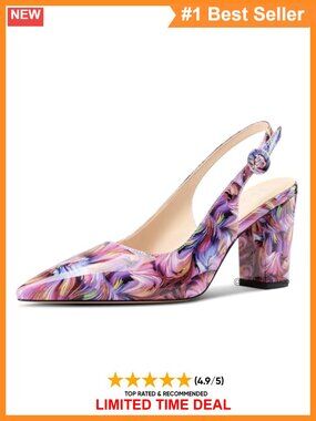 NobleOnly Women's Pointed Toe Block Heel Slingback Pumps 3.2 Inch Heels